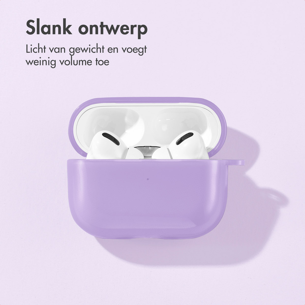 Purple AirPods case with AirPods, on a purple background.