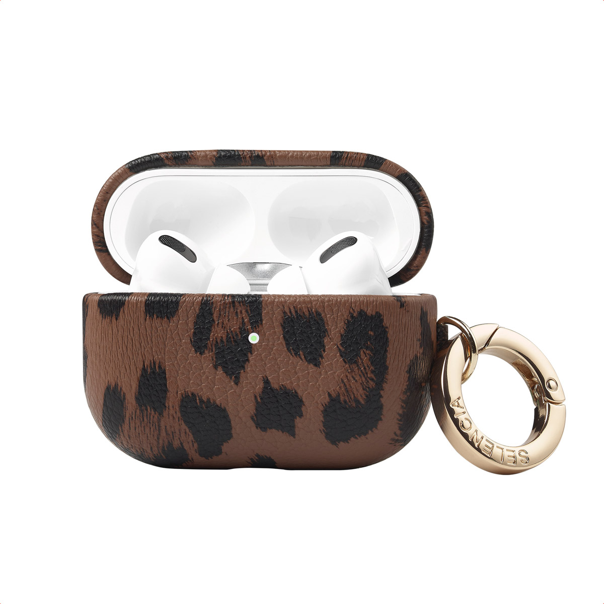 Open AirPods case, brown leopard print, with AirPods inside, gold ring.