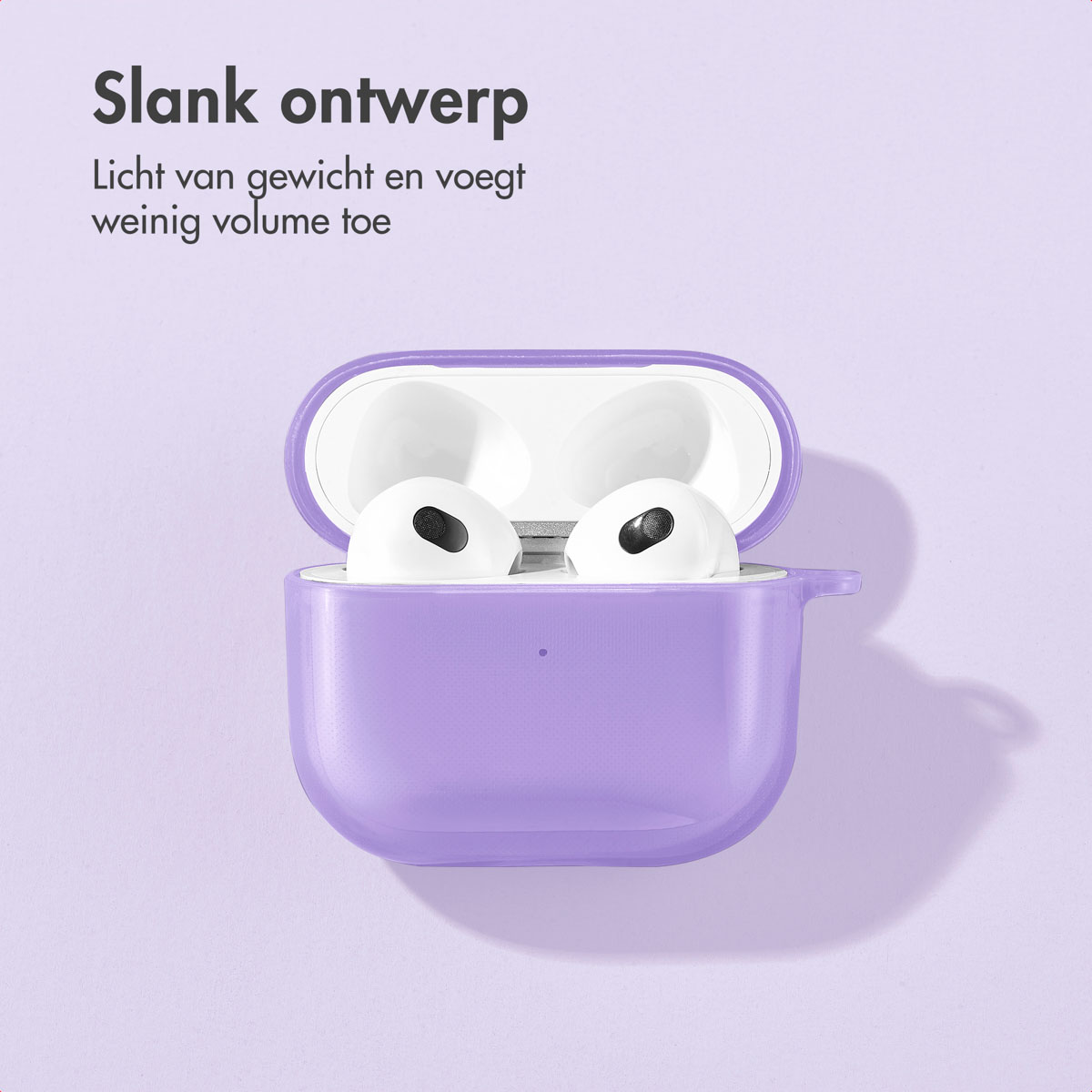 Purple AirPods case with white earbuds inside. Text at top. Light purple background.