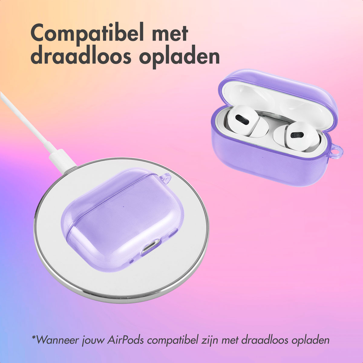 Purple AirPods case on a wireless charger, another case and AirPods visible.