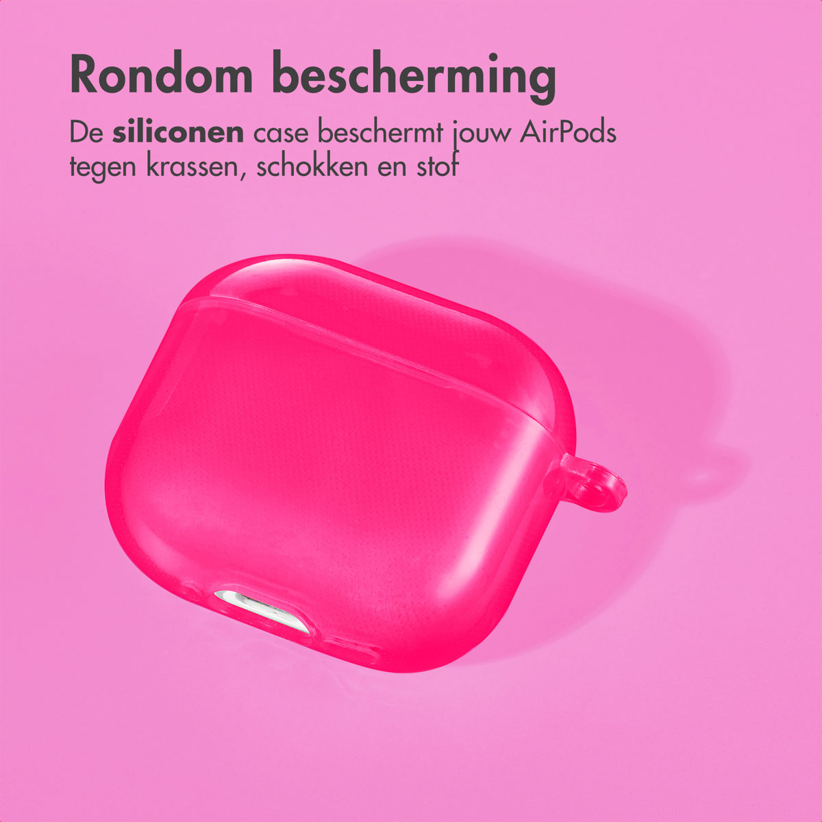 Pink AirPods case on a pink background. Shows the case's shape and design.