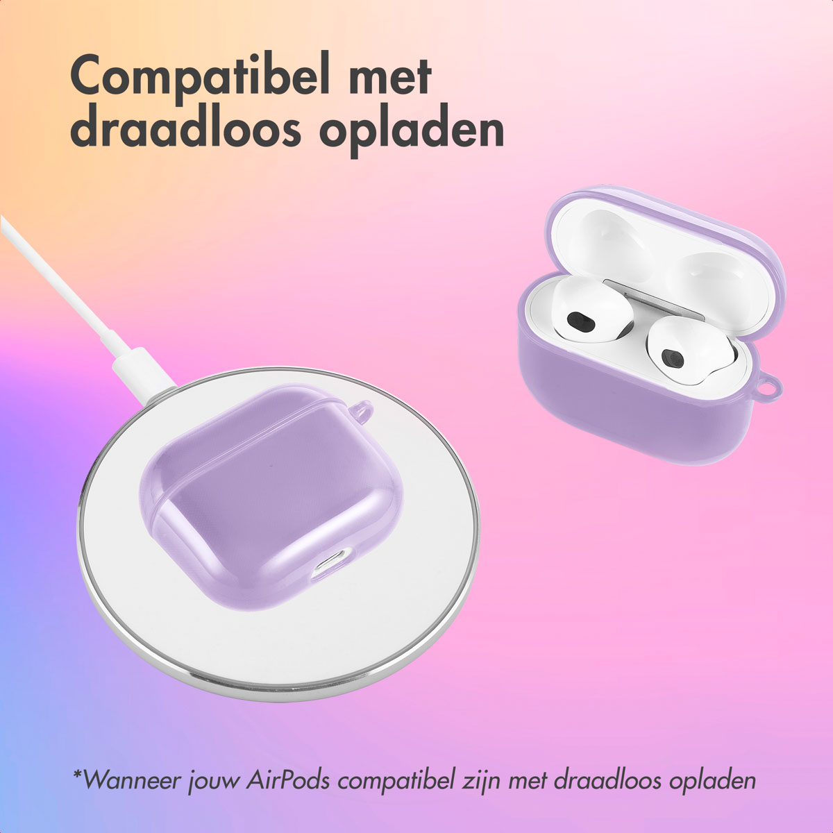 Purple AirPods case and wireless charger on a pink and purple gradient background.