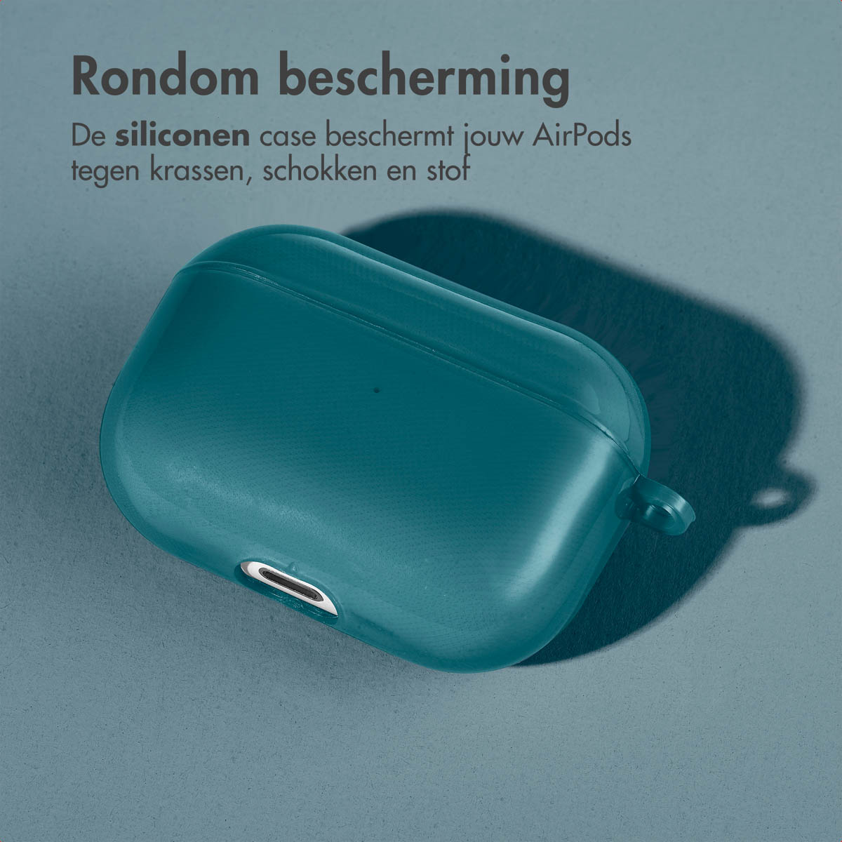 Teal AirPods case on a teal background. The case is closed. The case has a small opening.