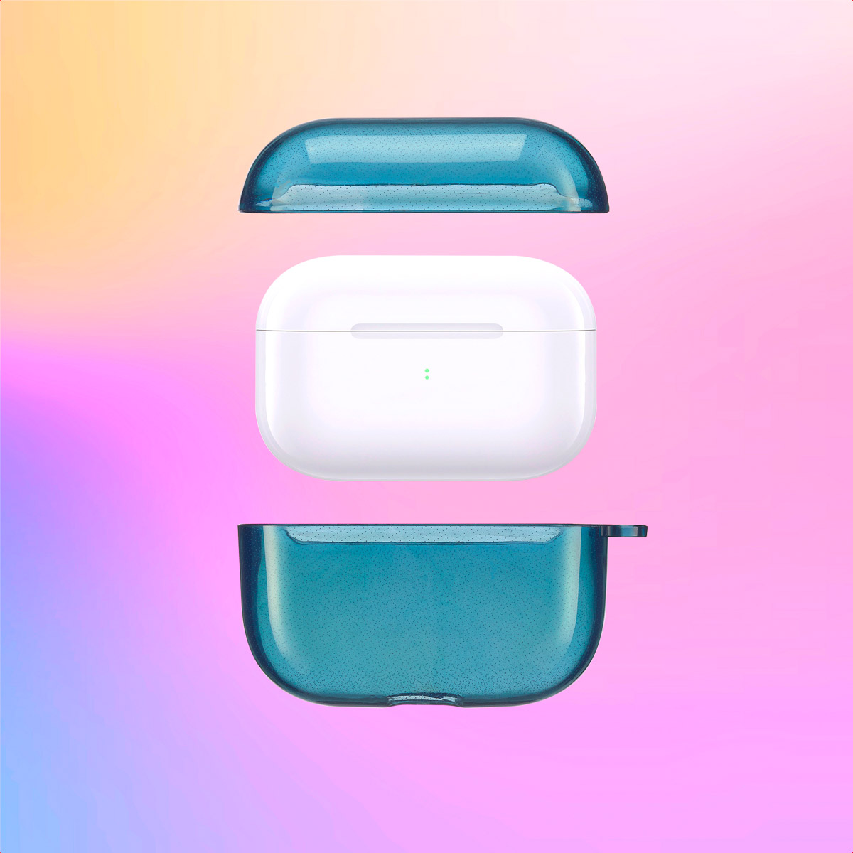Teal colored AirPods case, divided into three parts, on a gradient background.