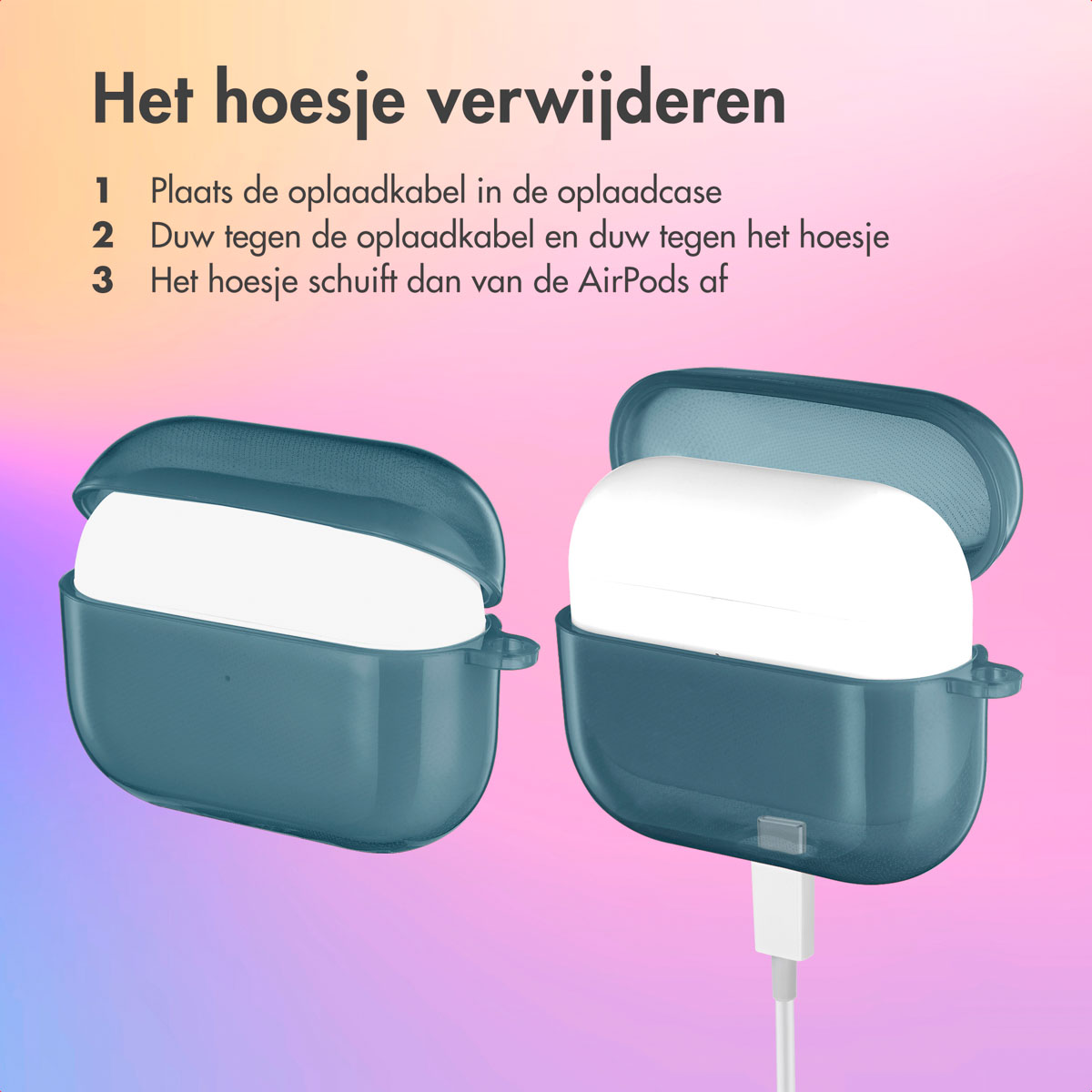 Two teal AirPods cases, one open. Instructions for removing the case.