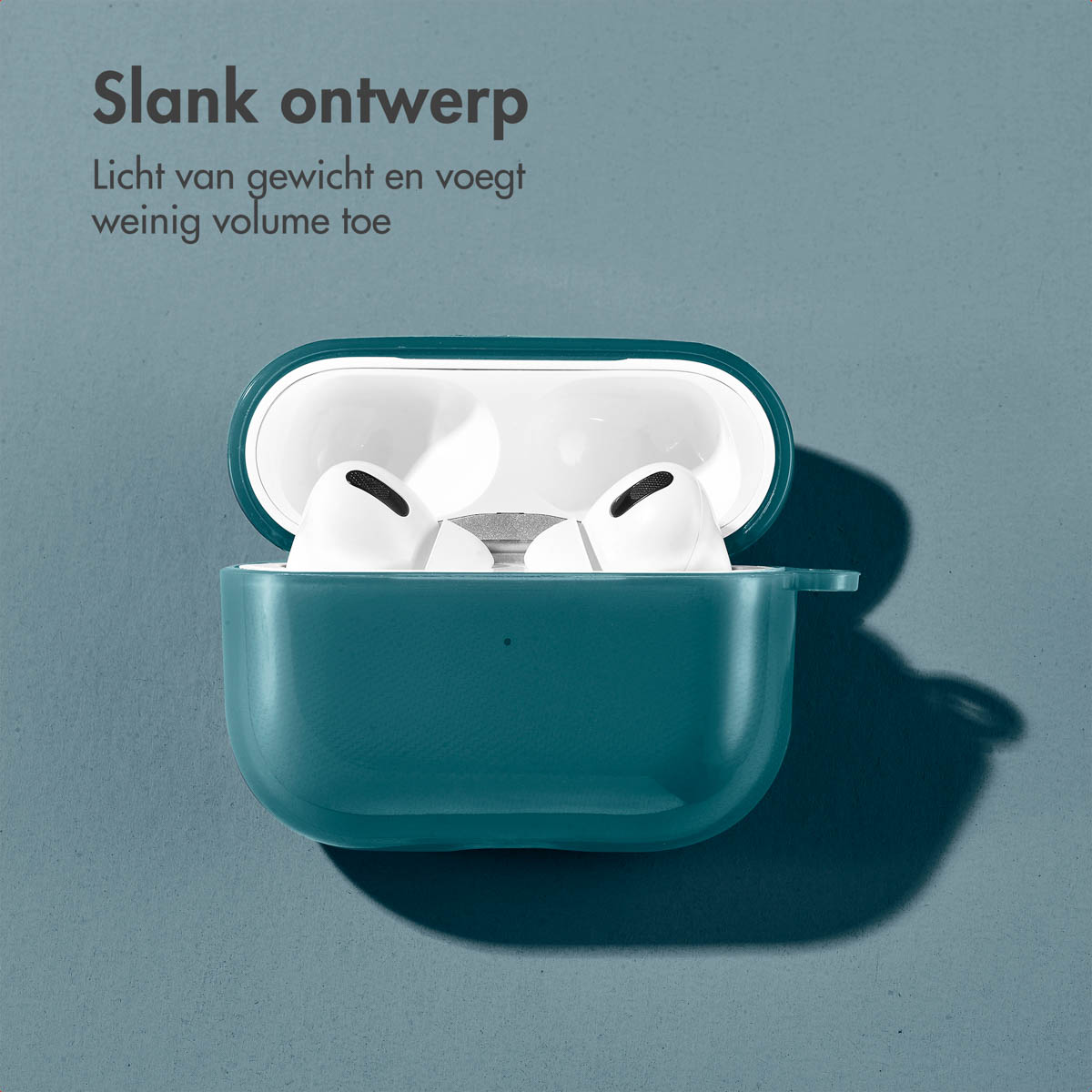 Teal AirPods case open, with white AirPods inside. On a blue-green surface.