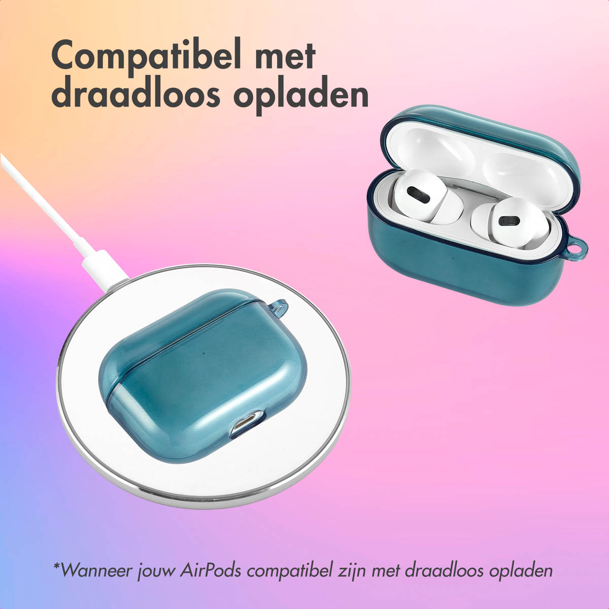 AirPods case and AirPods on wireless charger. Teal case on a pink and purple background.