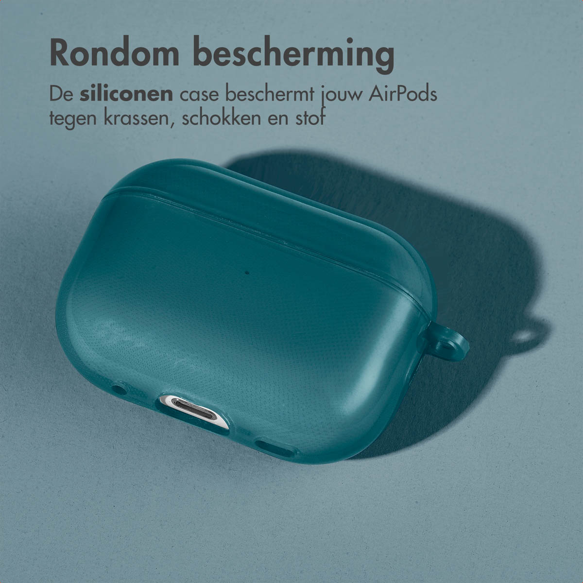 Teal AirPods case on a teal background. The case is closed.