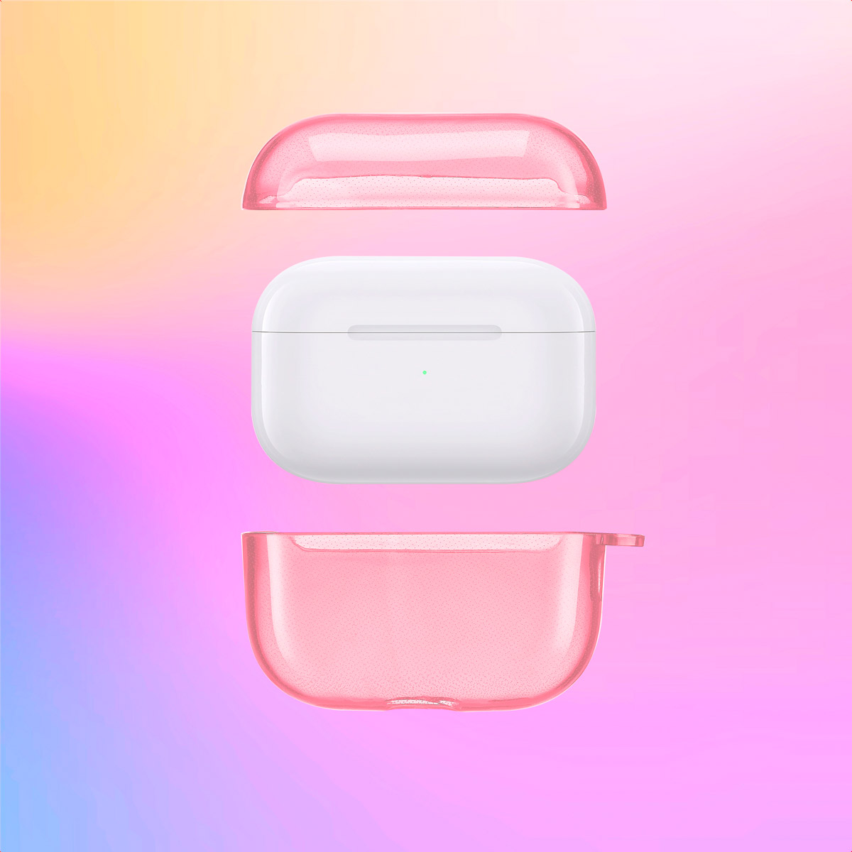 Three-piece AirPods Pro case. Top, white AirPods case, and bottom. The background is pink and purple.