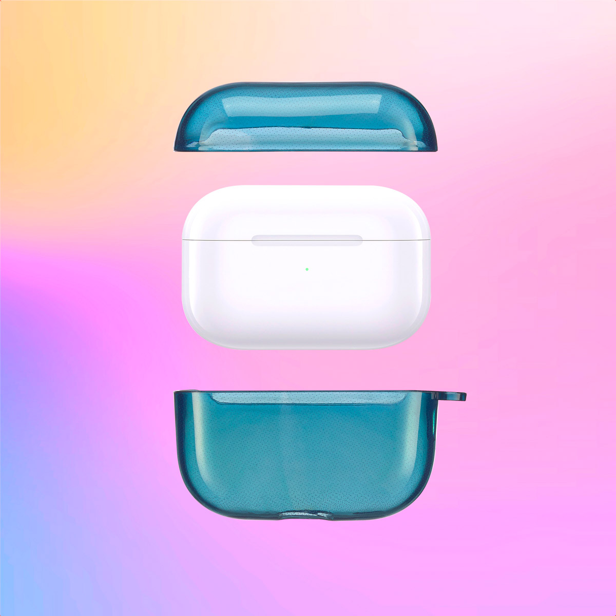 Three-piece AirPods case: top, middle, and bottom. Blue translucent. Background is pink and purple.