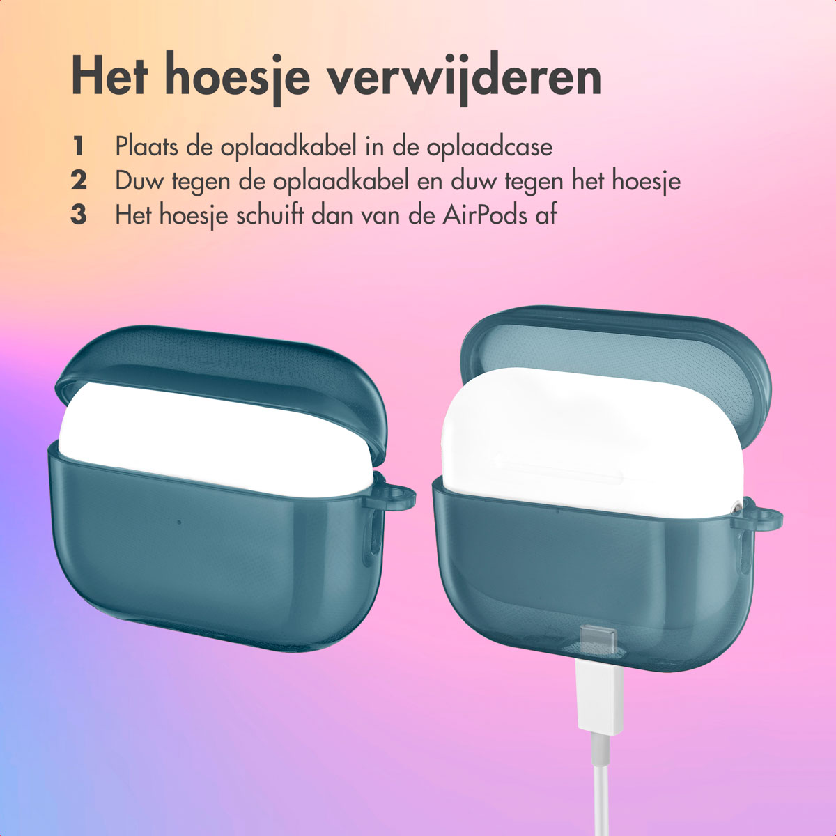 Two cases for AirPods. Instructions for removing the case. White charging cable is on the table.