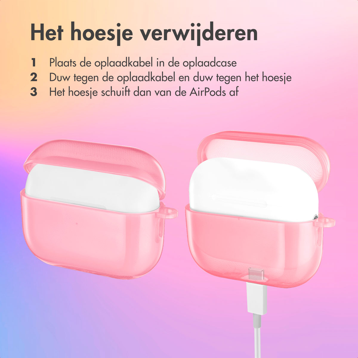 Pink AirPods case open, showing the AirPods inside, and charging cable.