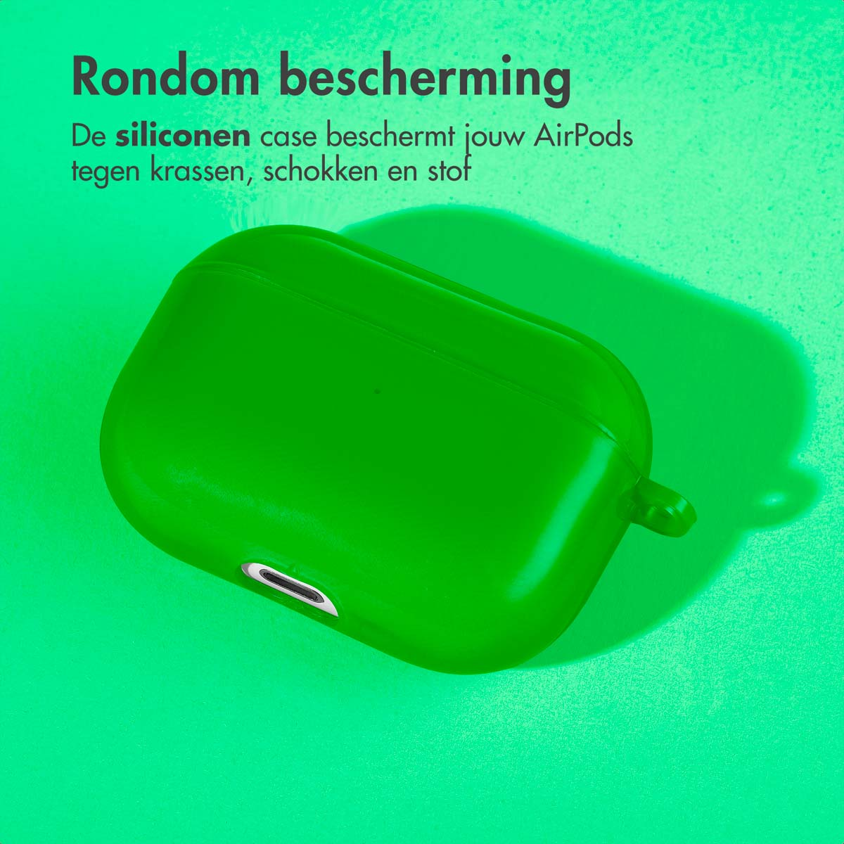 Green AirPods case on a green background.