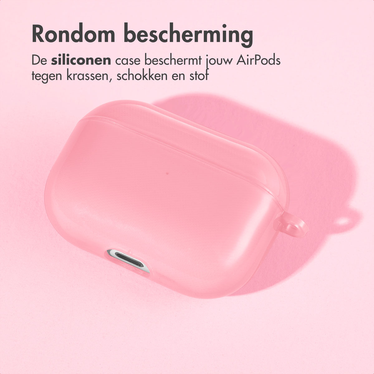 Pink AirPods case on a pink background. Text about protection.