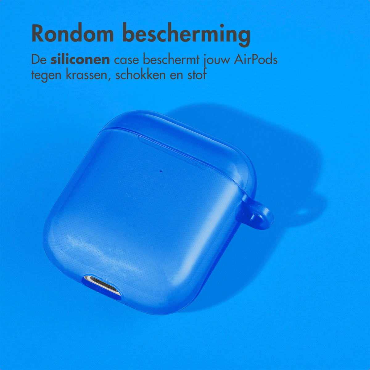 Blue AirPods case on a blue background. Text about protection.