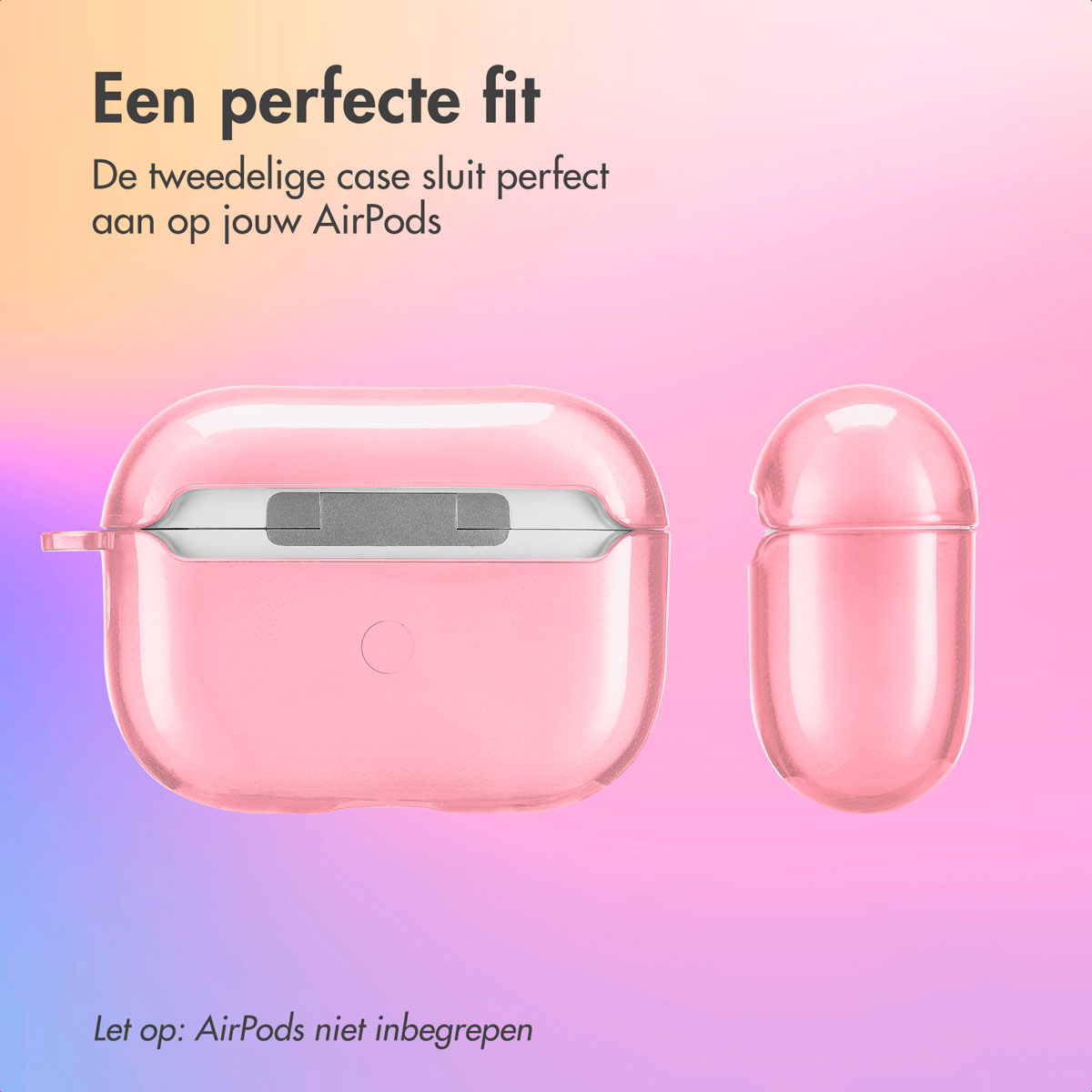 Pink AirPods case and lid. The case is open. The AirPods are not included. Pink background.