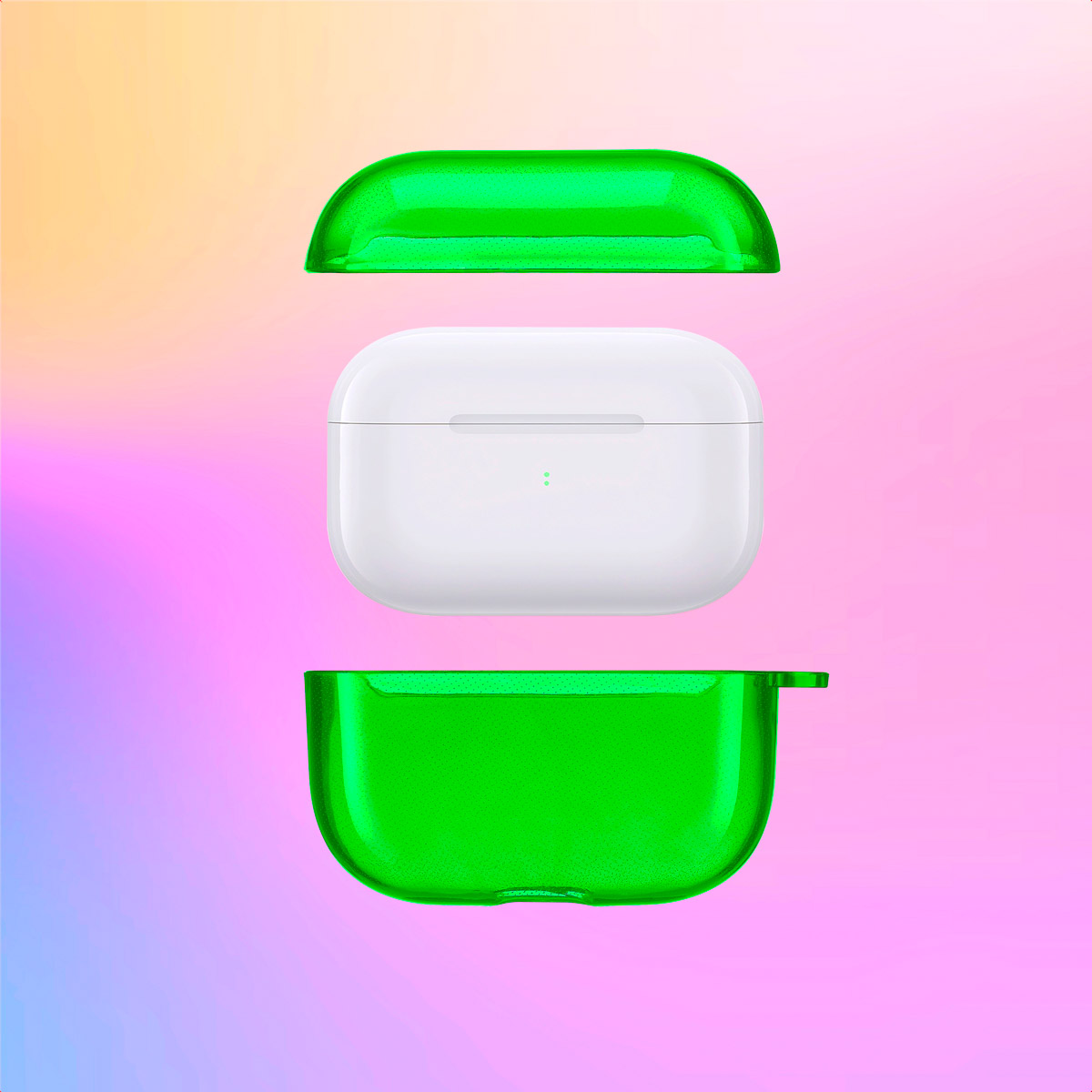 Green AirPods case in three parts: top, middle, and bottom.