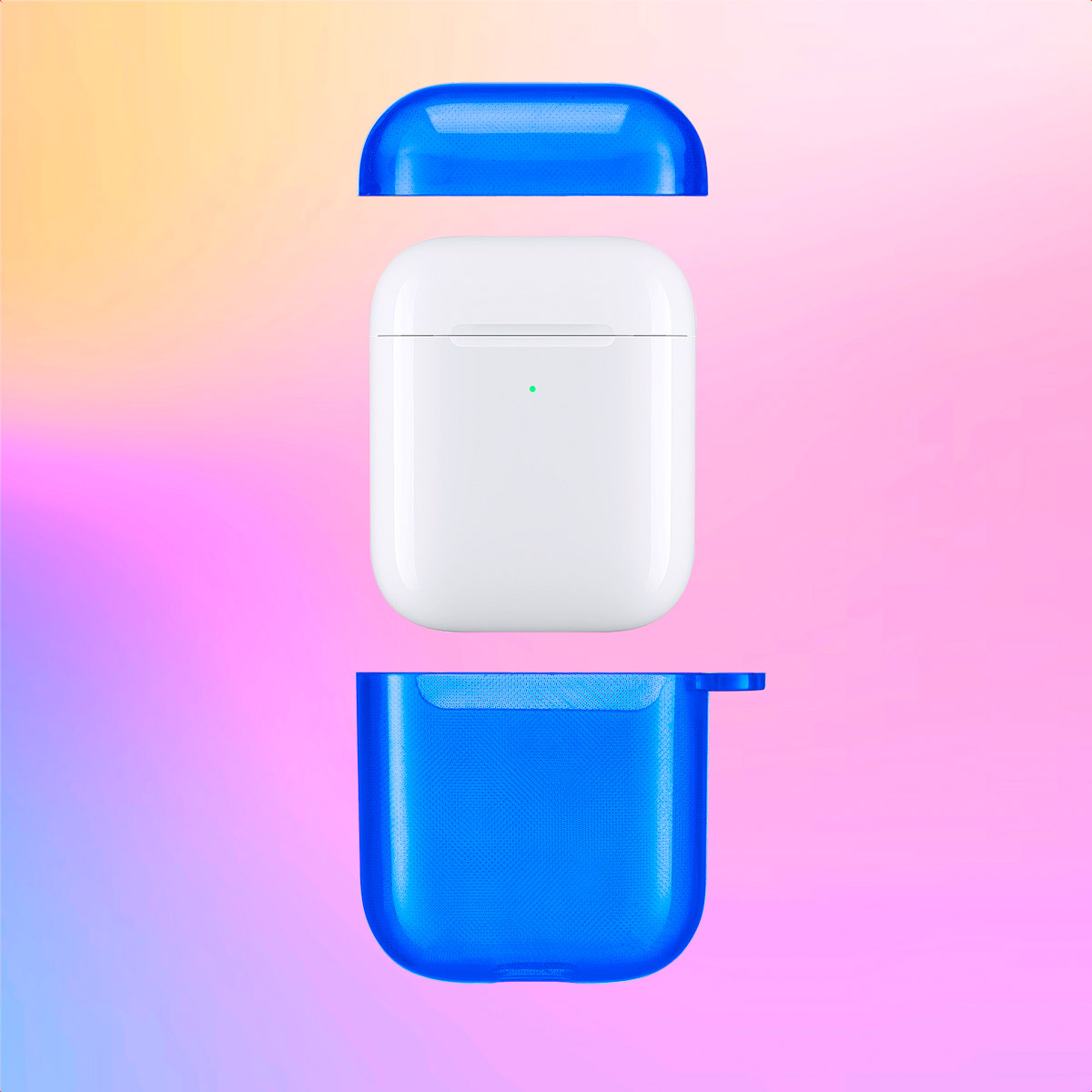 Blue three-piece AirPods case. Top, white AirPods case, and bottom. The background is pink and purple.