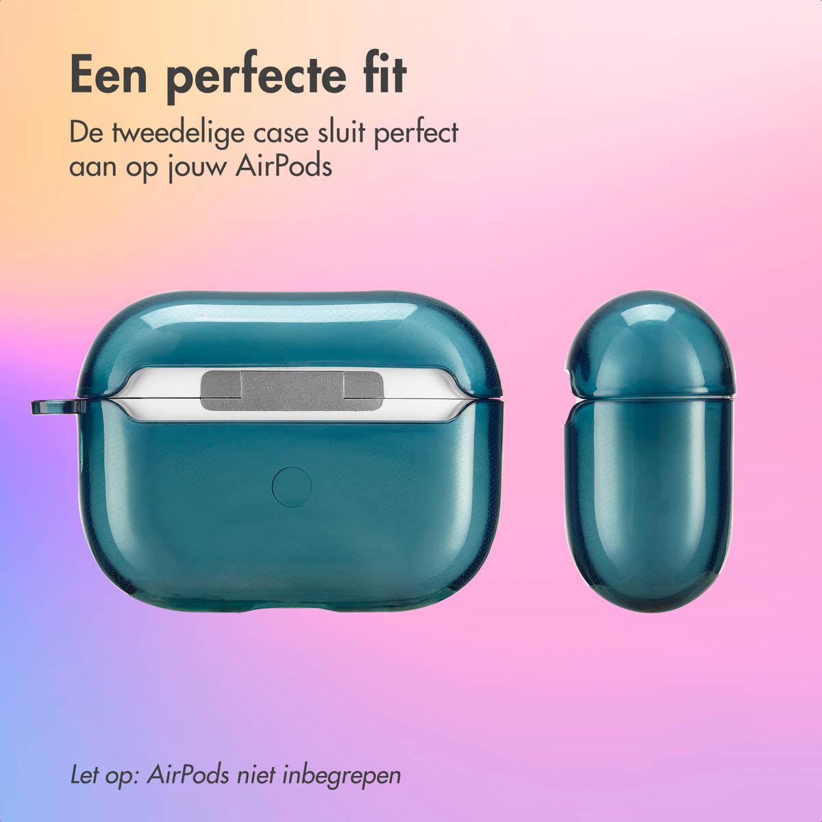 Blue-green AirPods case. One side is open.