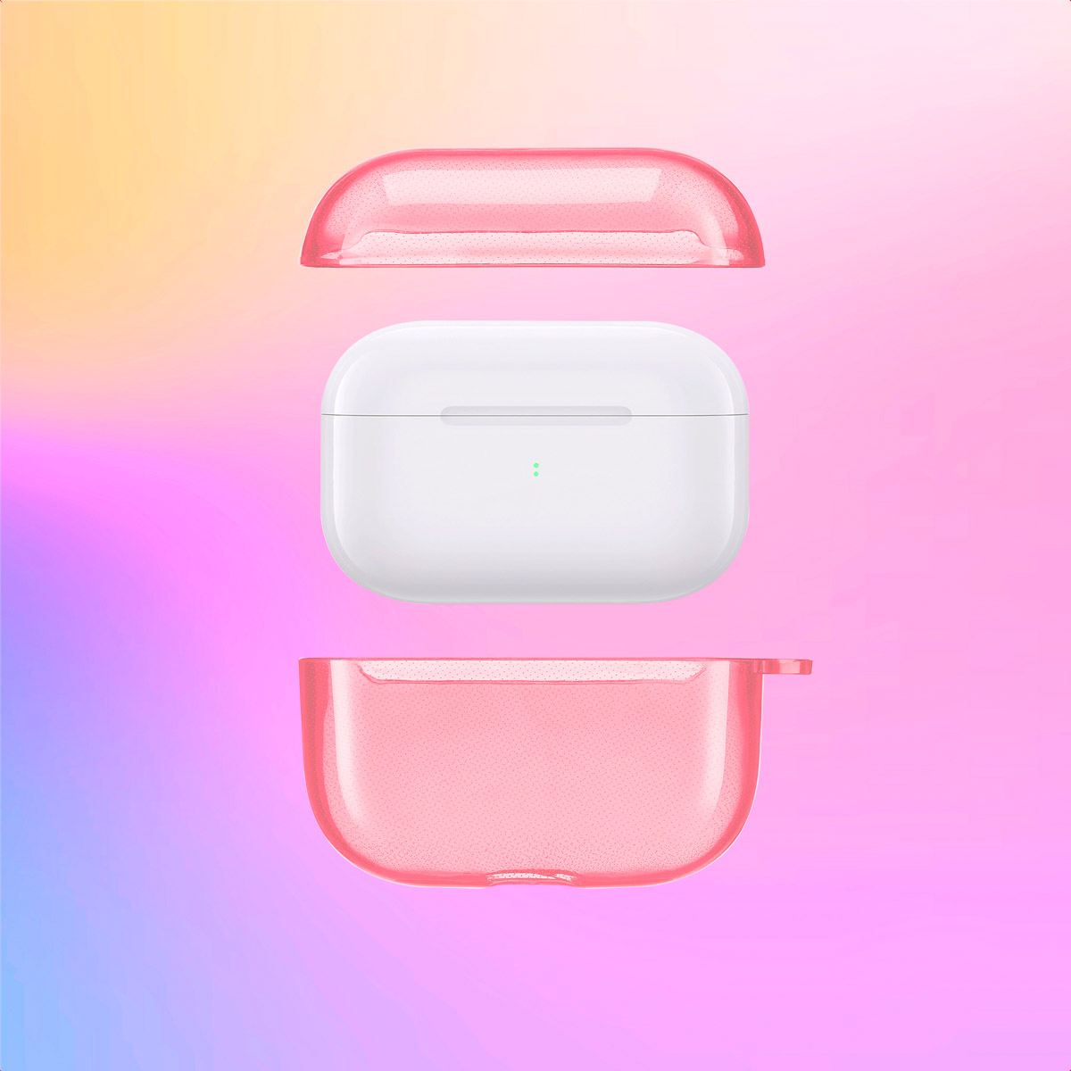Three-piece AirPods Pro case. Top, white AirPods case, and bottom. The background is pink and purple.