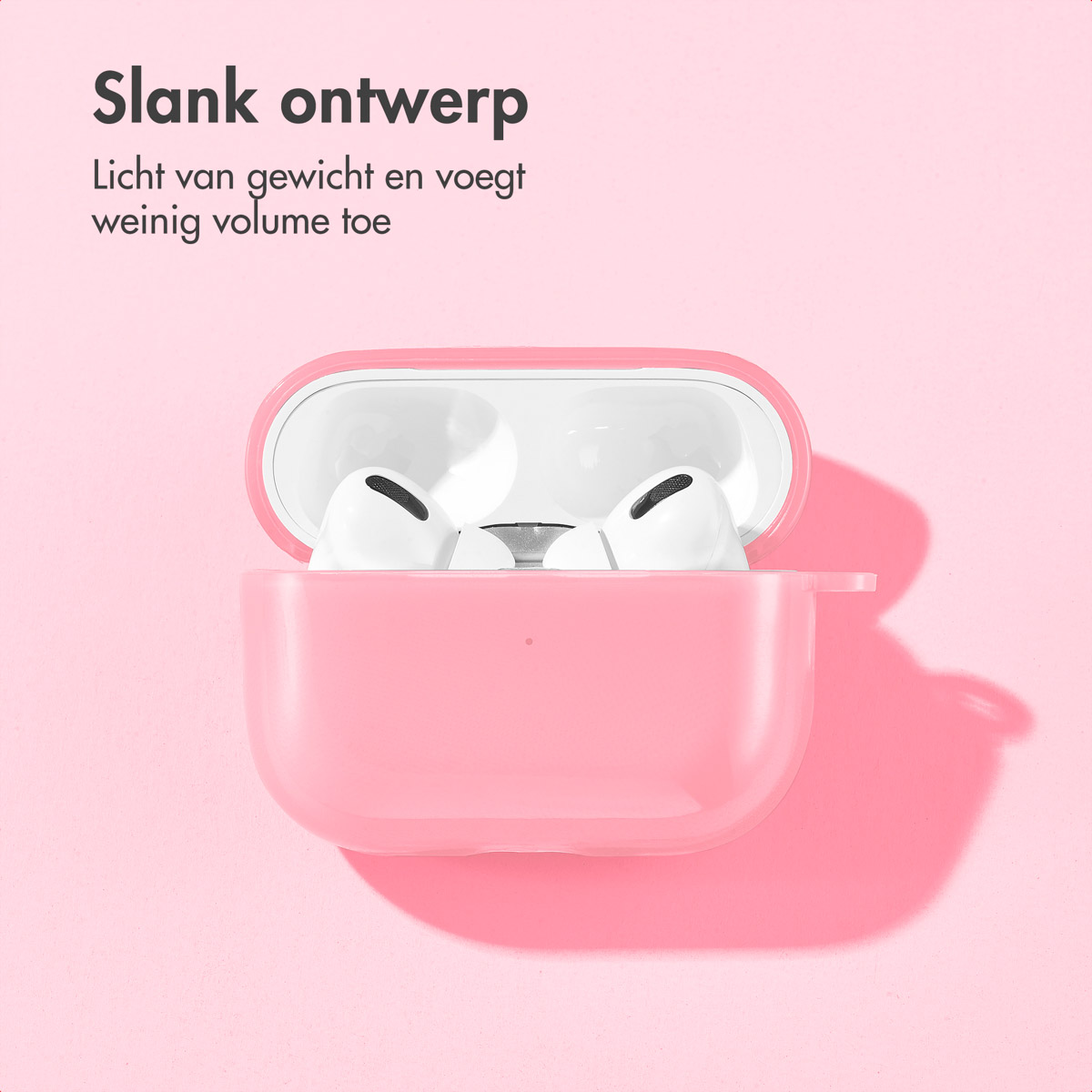 Pink AirPods Pro case open. White AirPods Pro visible inside. Pink background.
