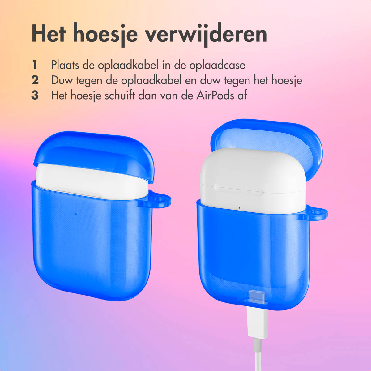 Blue AirPods case open, with the AirPods inside.