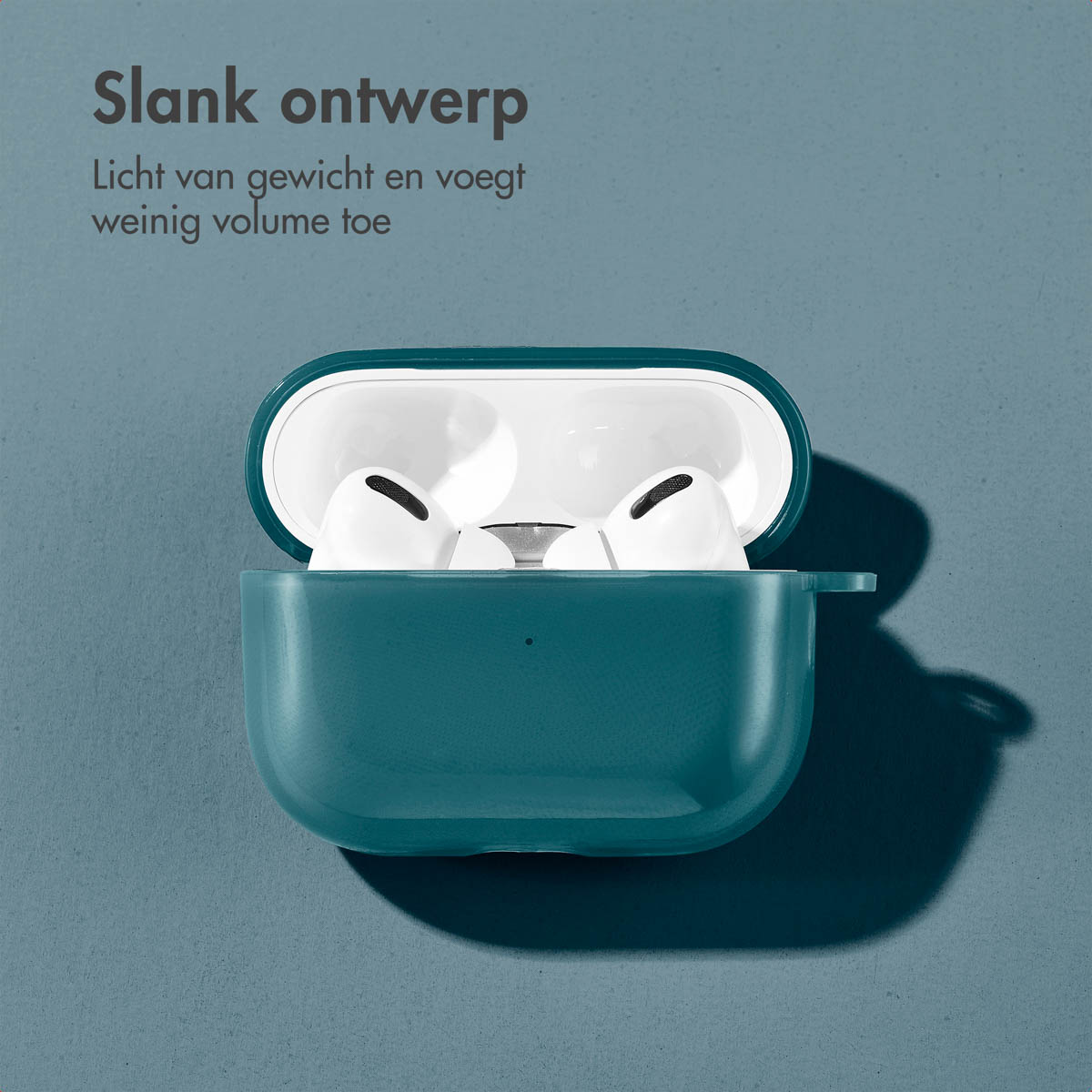 Teal AirPods case, open, with white AirPods inside.