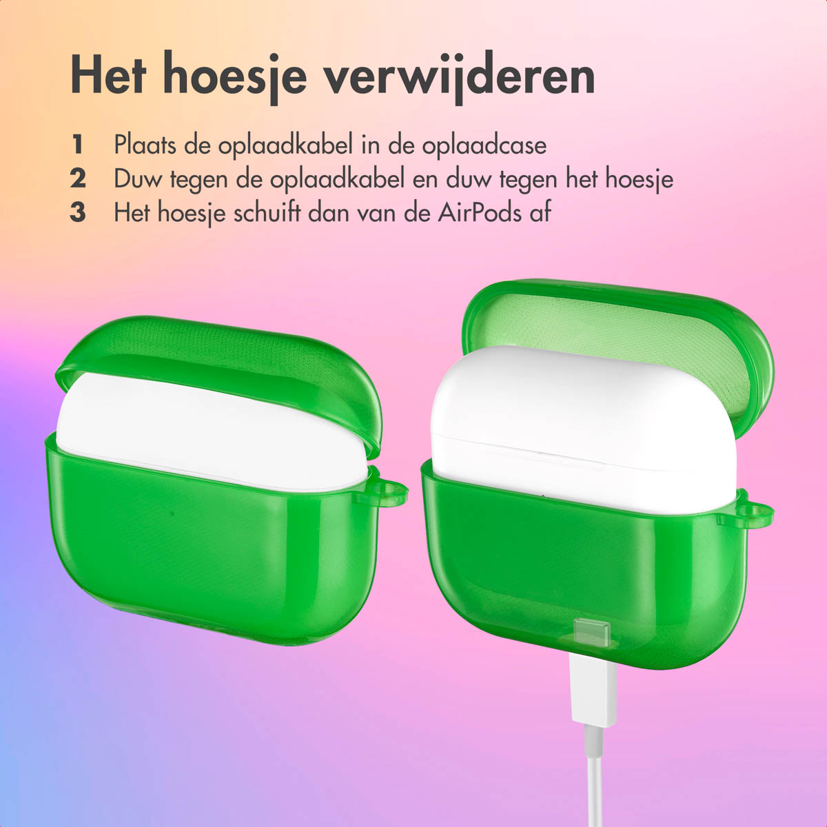 Green AirPods case open, with the AirPods inside.
