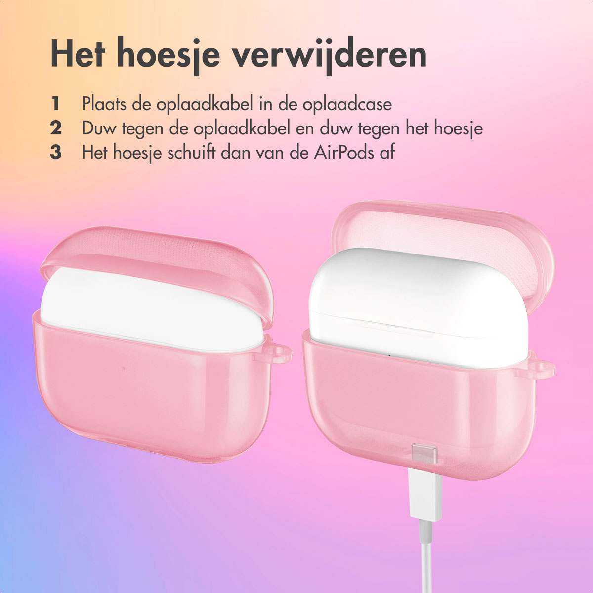 Pink AirPods case with AirPods inside and instructions on a colorful background.