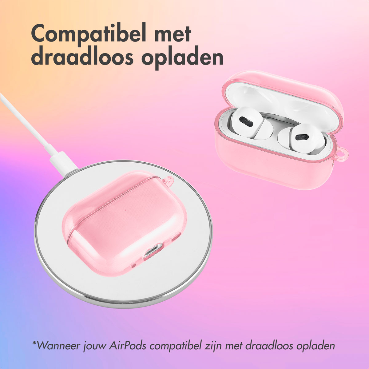 Pink AirPods case on wireless charger with AirPods inside, against a colorful background.