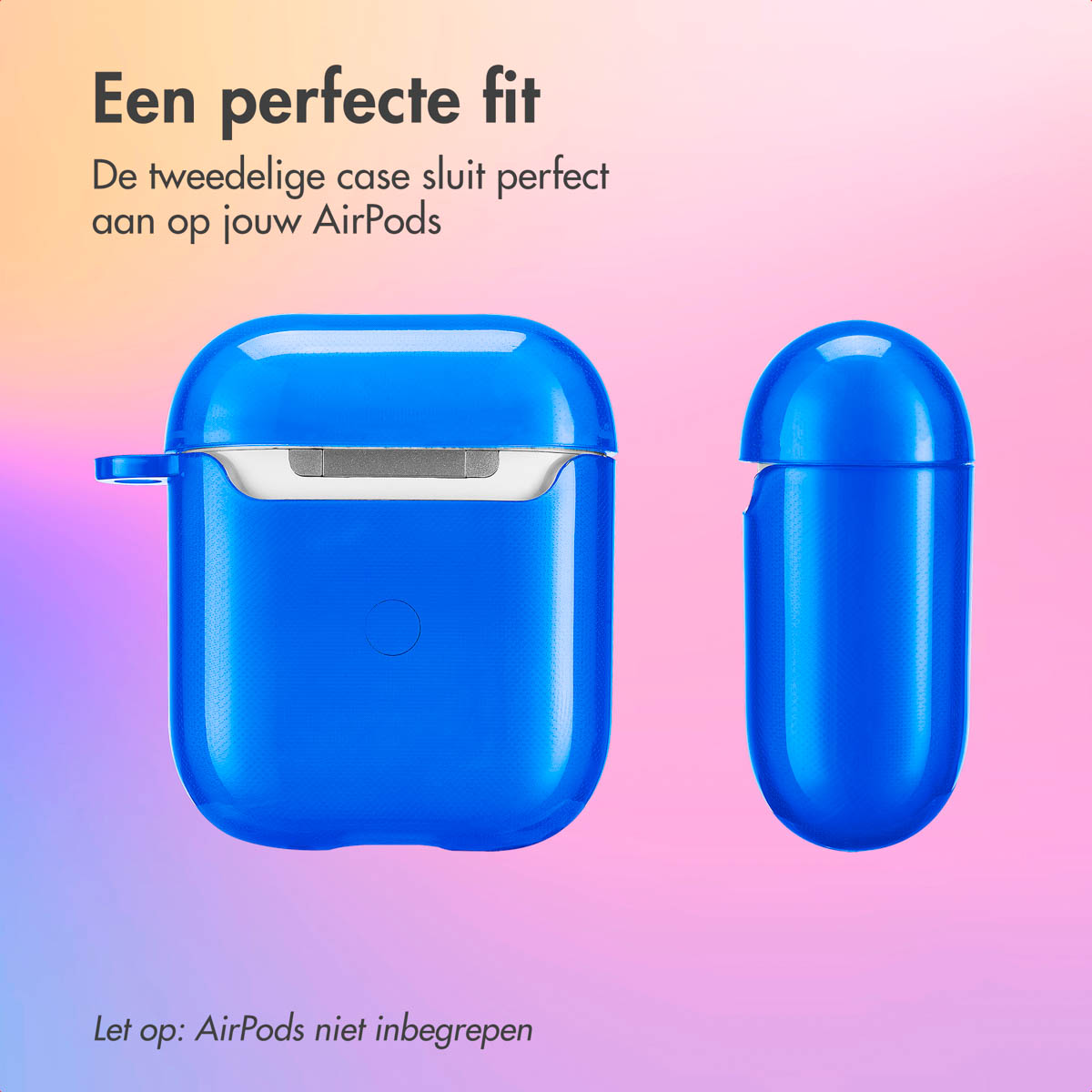 Blue AirPods case, two parts, next to each other, on a colorful background.