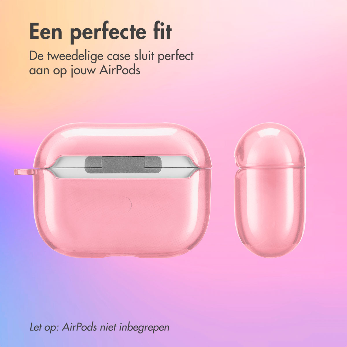 Pink AirPods case, two parts, next to each other, on a colorful background.
