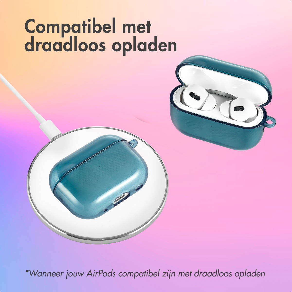 Teal AirPods case on wireless charger with AirPods inside, against a colorful background.