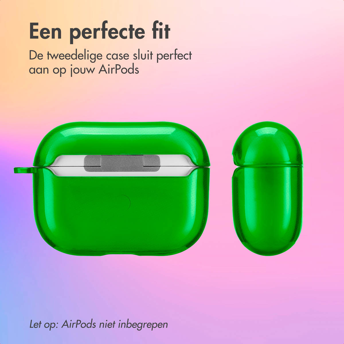 Green AirPods case, two parts, next to each other, on a colorful background.