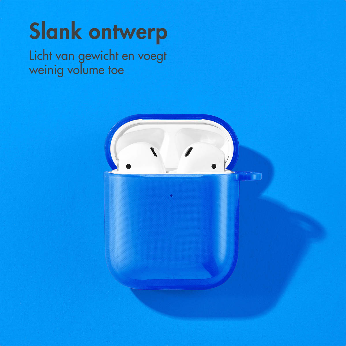 Blue AirPods case open with AirPods inside, on a blue background.
