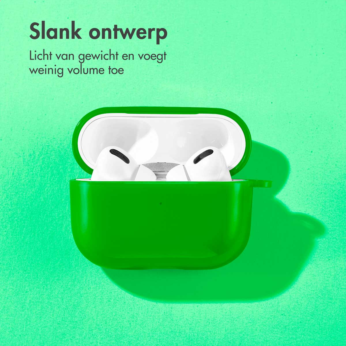 Green AirPods case open with AirPods inside, on a green background.
