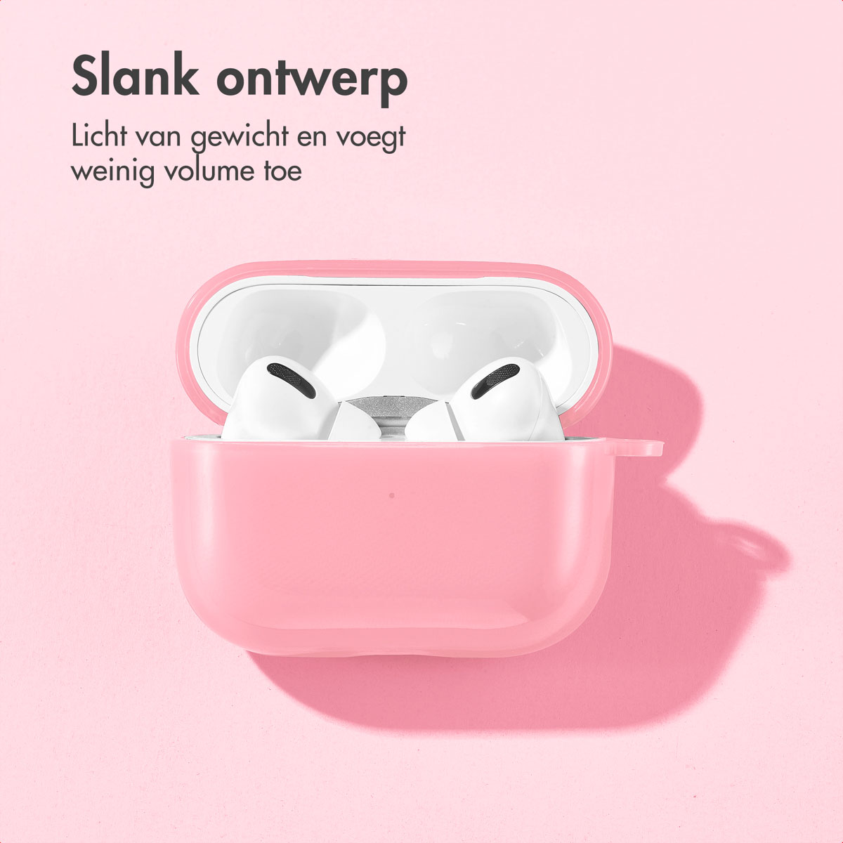 Pink AirPods case open with AirPods inside, on a pink background with a shadow.