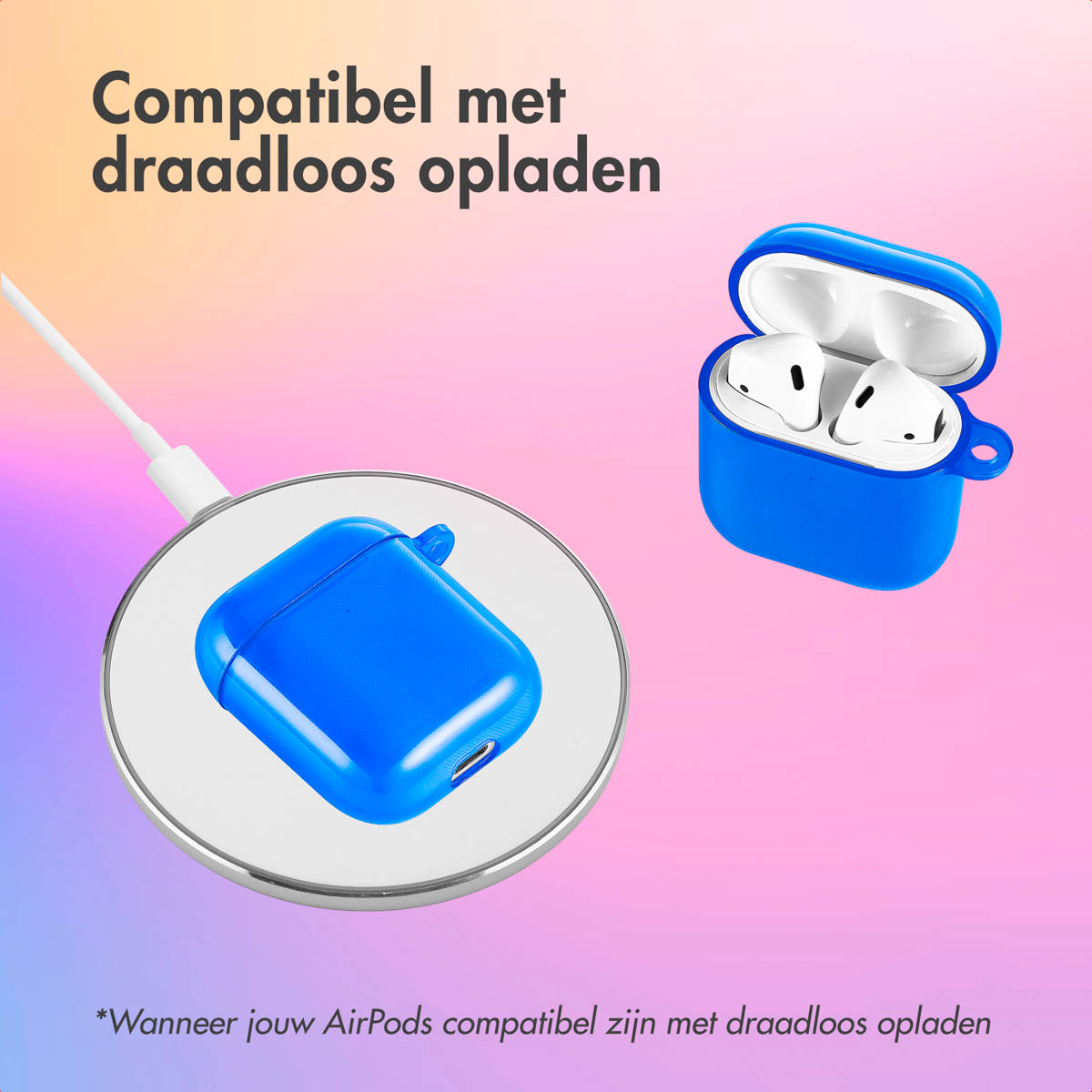 AirPods and a blue case on a wireless charger. The text says, 'Compatible with wireless charging'.