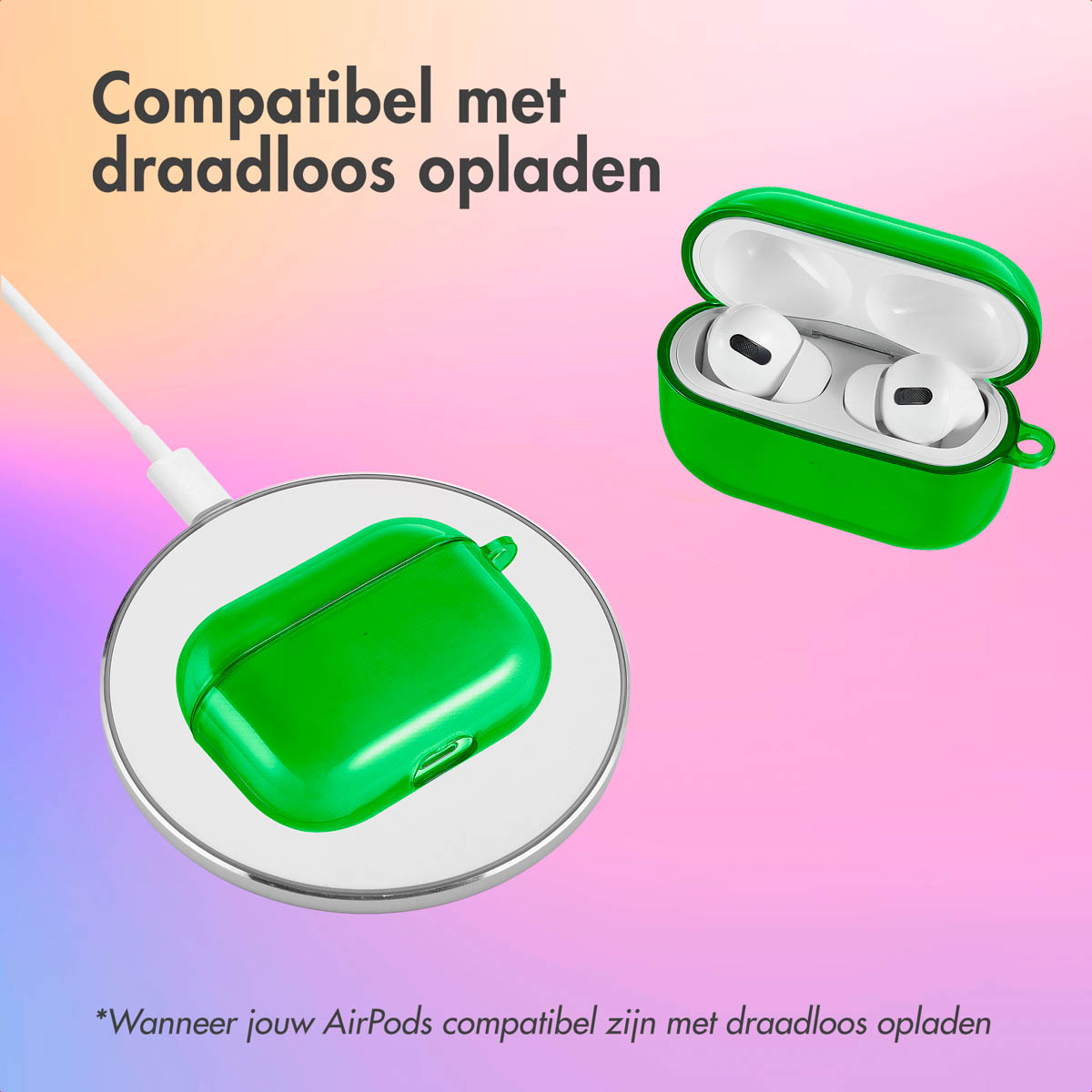 AirPods and a green case on a wireless charger. The text says, 'Compatible with wireless charging'.
