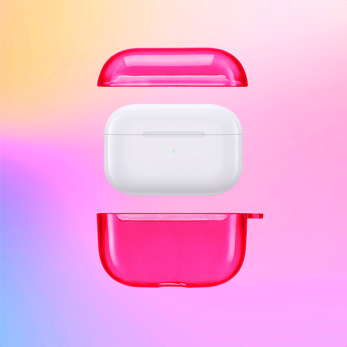 Three pieces of a pink transparent AirPods case, white AirPods case, and a colorful background.