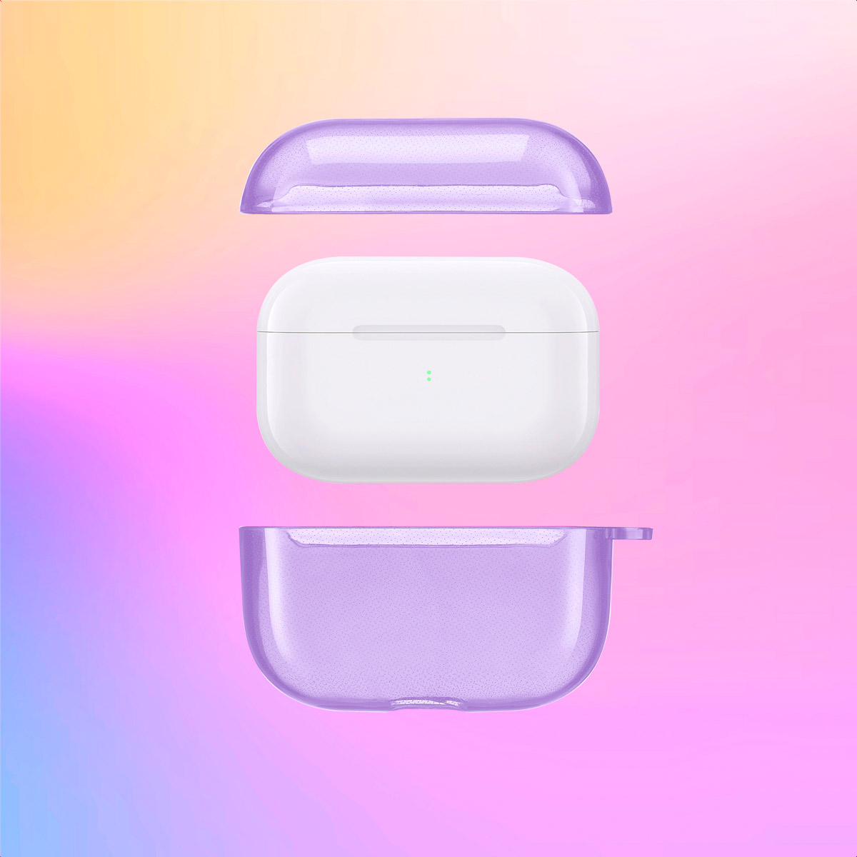 Three pieces of a purple transparent AirPods case, white AirPods case, and a colorful background.