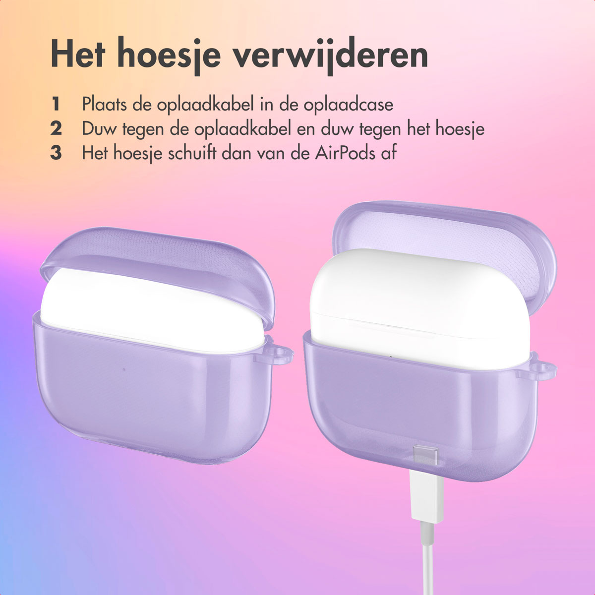 Two light purple AirPods cases. One open, one closed, with white AirPods inside. The background is colorful.