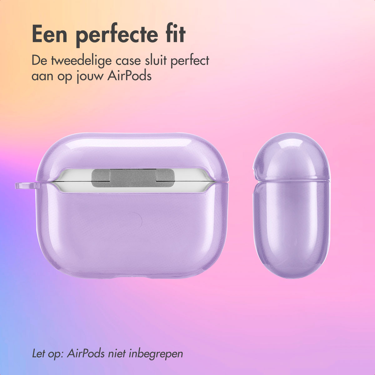Purple AirPods case, two pieces, with a gradient background. Text at top: Perfect fit.