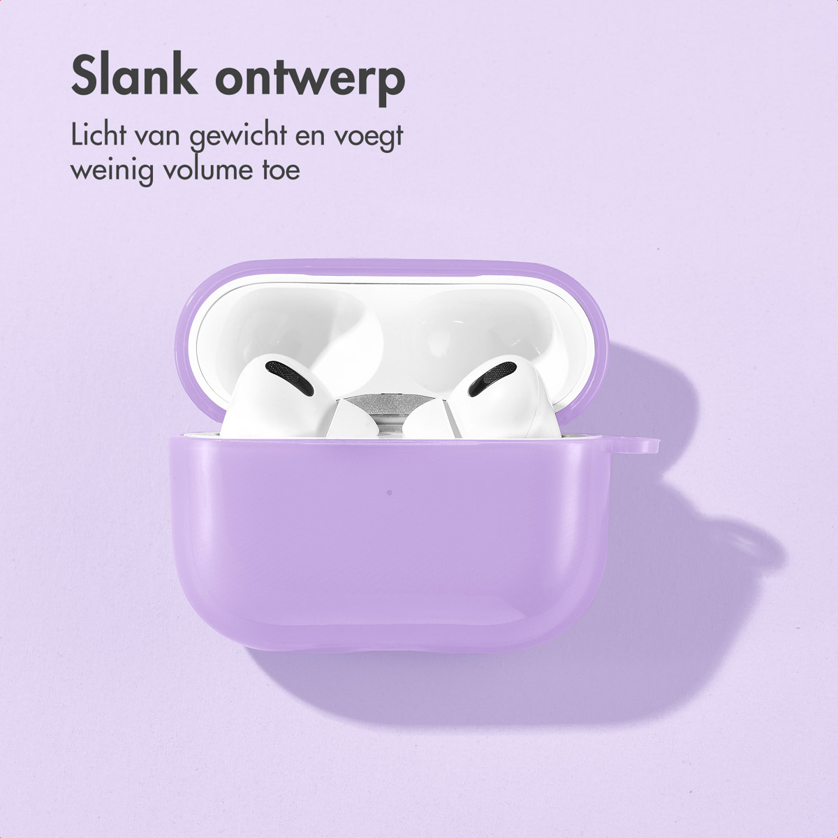 Purple AirPods case with white AirPods inside, on a purple background. The case is open, showing the earbuds.