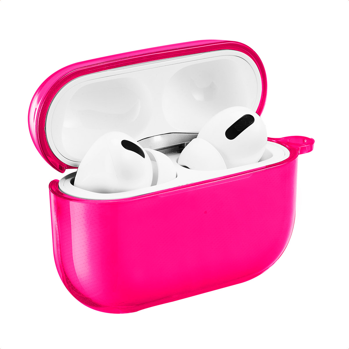 White AirPods inside a pink transparent case, open. White background.