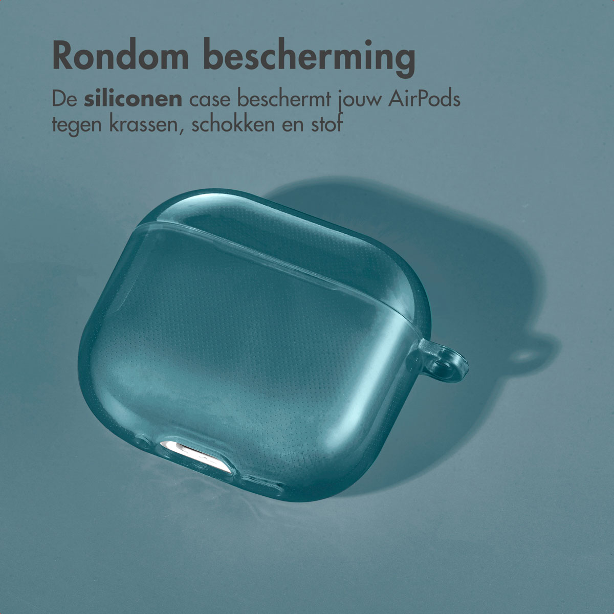 A clear blue AirPods case with a blue background. Shadows are cast on the case.