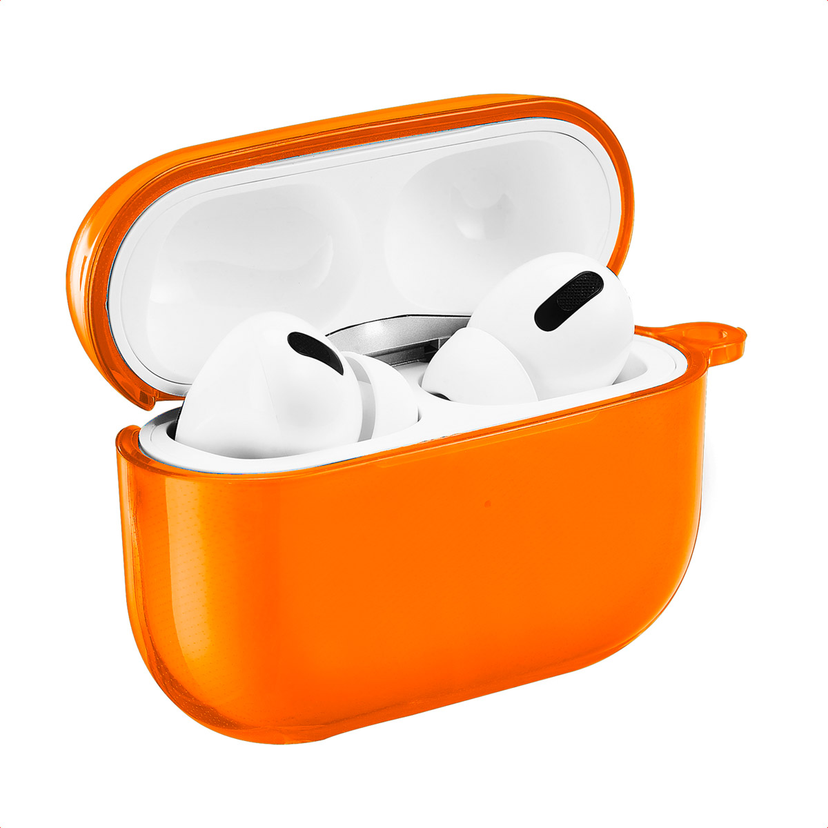 Orange AirPods case with AirPods inside. The case is open and set against a white background.