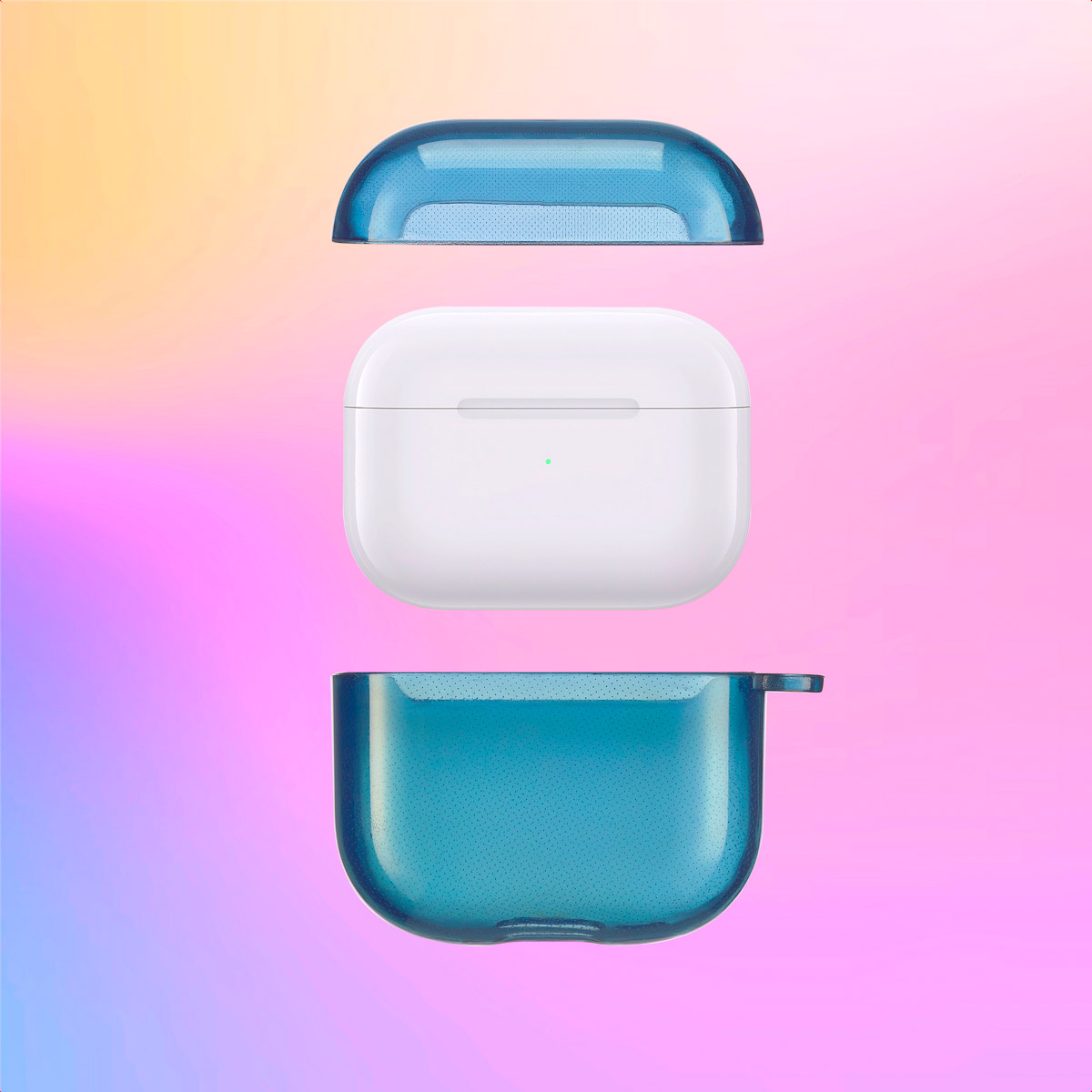 Blue AirPods case components: lid, case, and base. White AirPods case is inside.