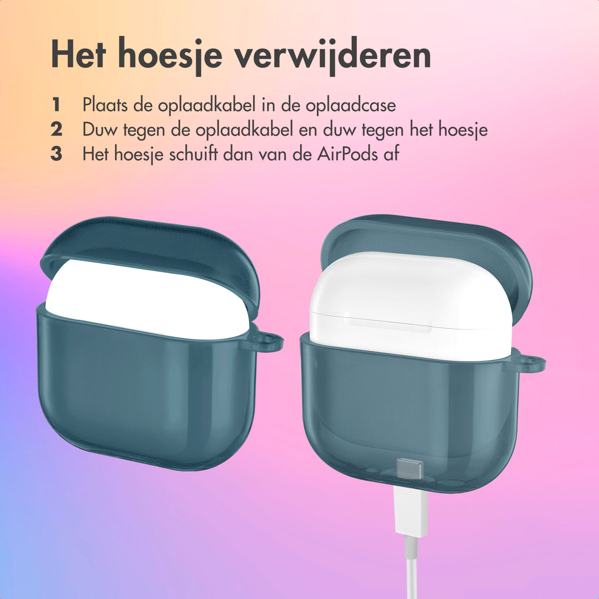Two AirPods cases, one with AirPods and a charging cable. Instructions in text.