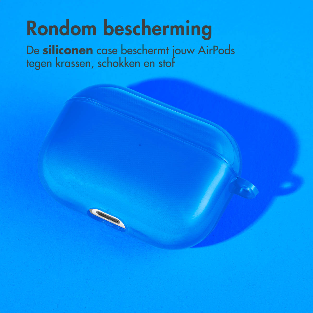 Blue AirPods case on a blue background. Text: All-around protection.